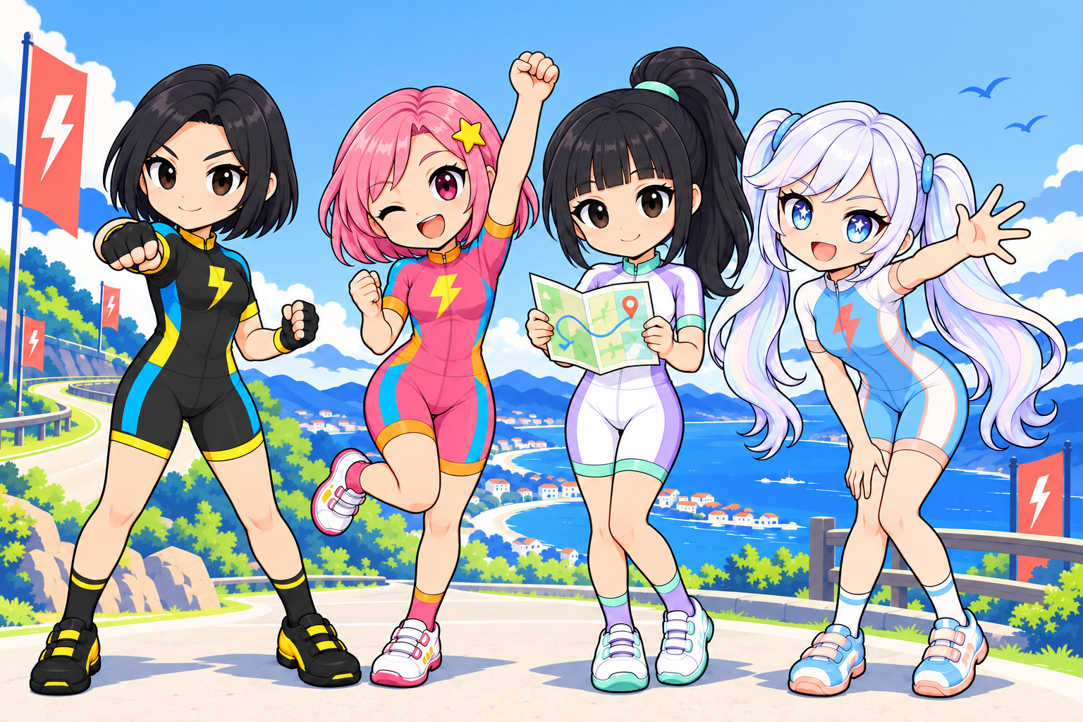 新しいポーズと揃えた描線で描き直した、PEDAL QUESTの4人のライダー