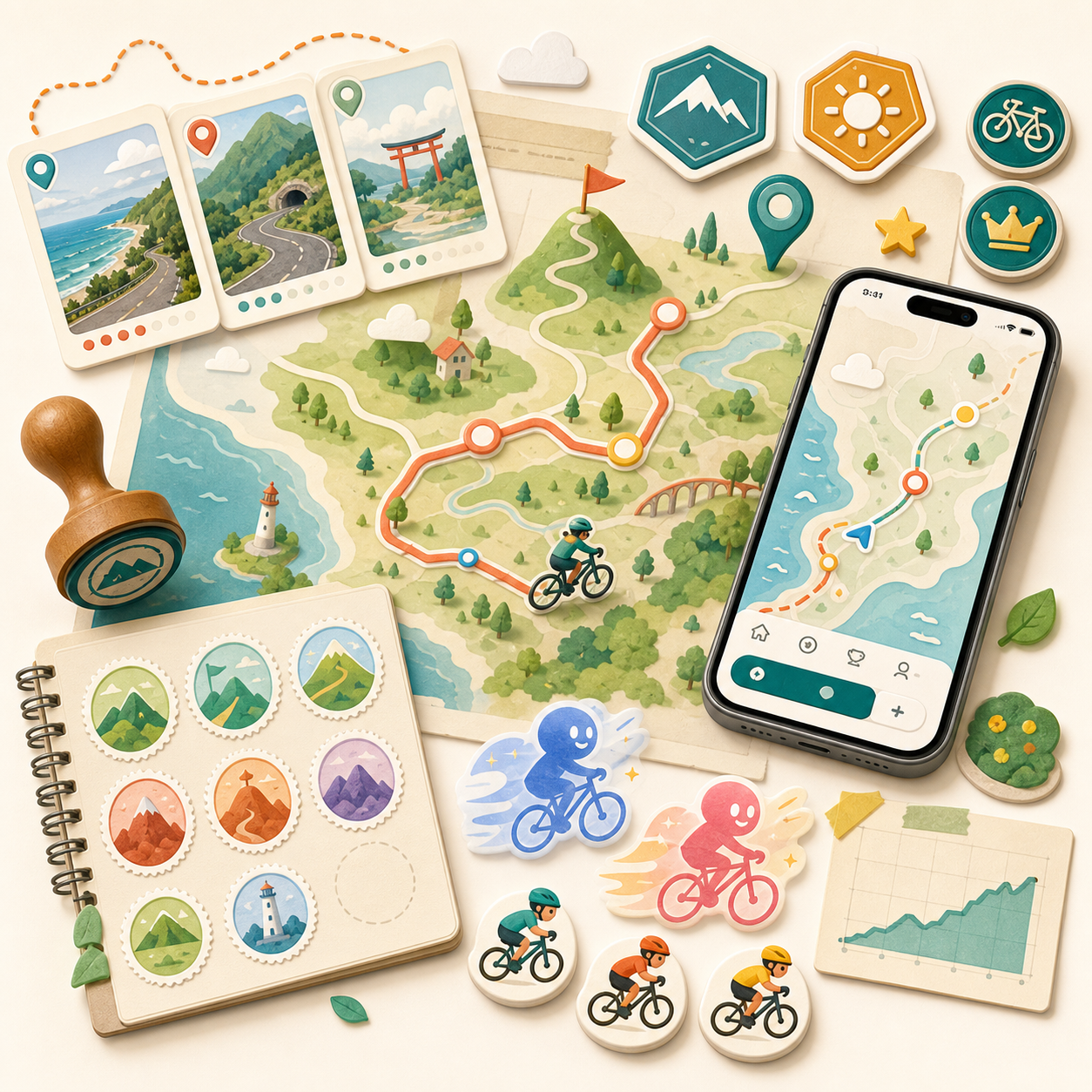 PEDAL QUESTの記録、対戦、収集、成長を表したビジュアル