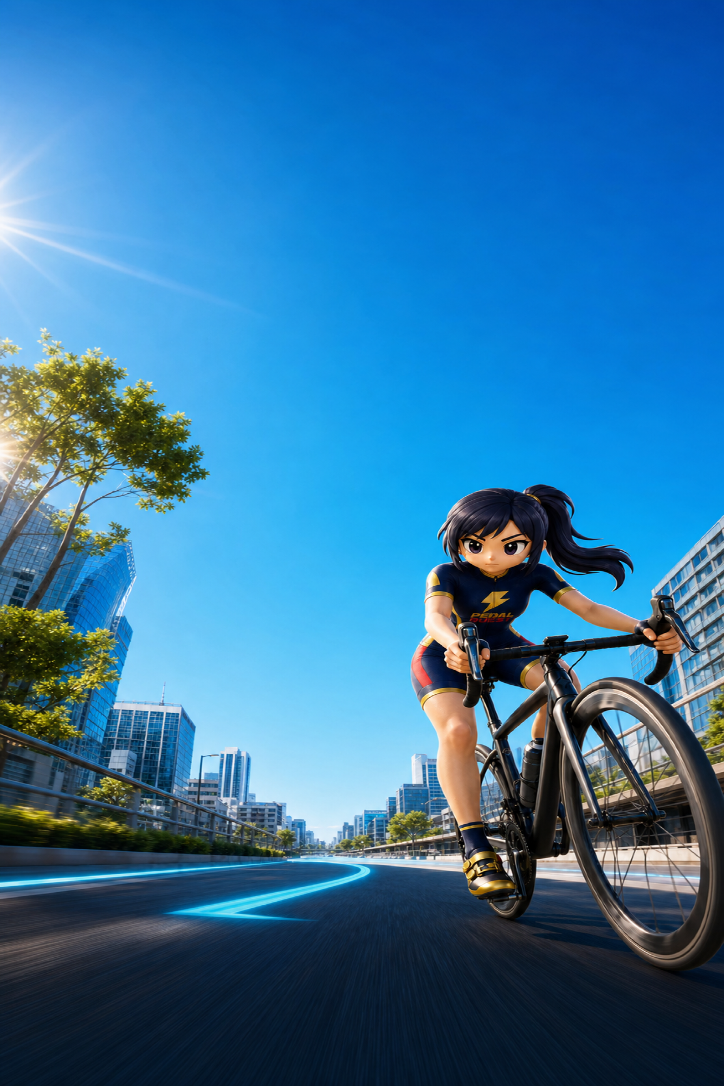 広い青空の都市コースを駆けるPEDAL QUESTライダーと光るGPSルート